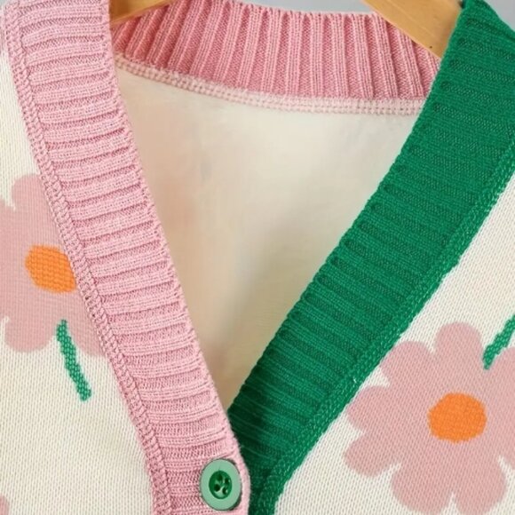 Boutique Girls Floral Pink White Flower Cardigan Sweater - Picture 2 of 5